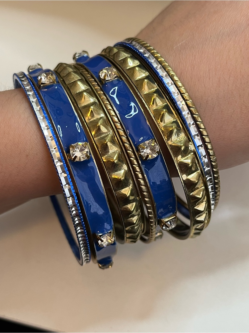 Blue Enamel Bangle Bracelet Rhinestone Accent Brass Set Of 8